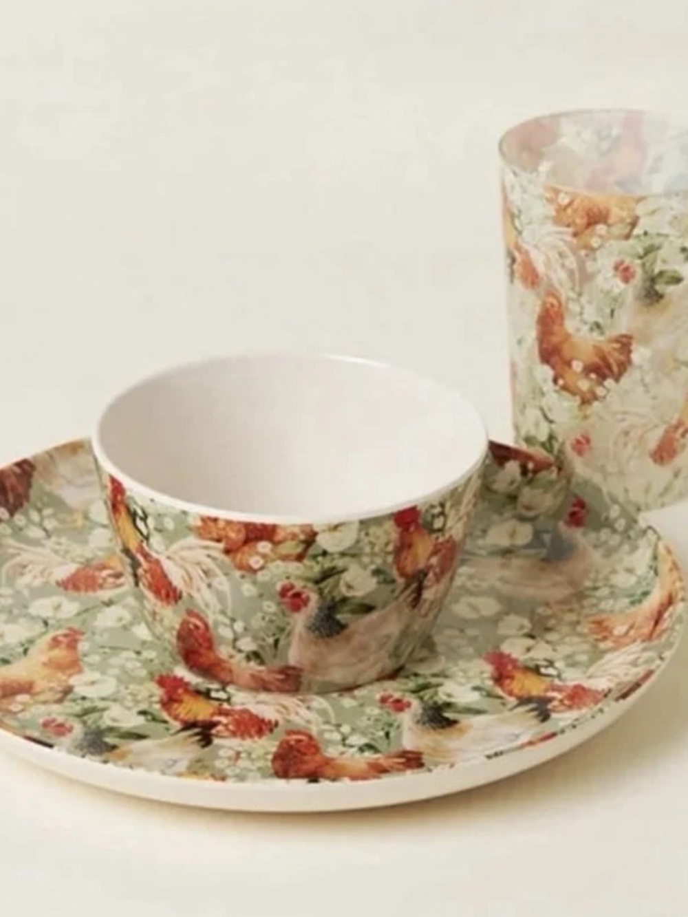Posh Peanut-Country-Gift Set: Bowl, Cup & Plate SET-Rooster/Vintage Floral Chic